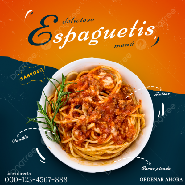 Desain brosur katering dengan foto hidangan pasta lezat